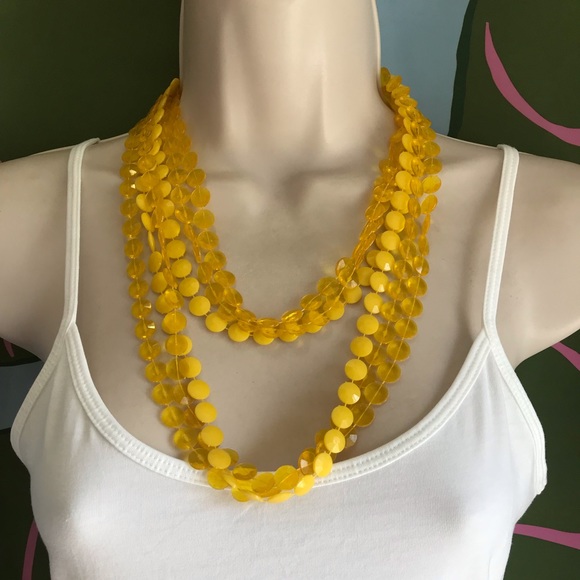 Vintage Yellow Faceted Disc Beads Three Strand Long Necklace - Picture 4 of 8